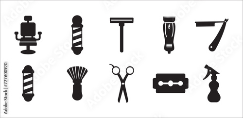 Barbershop utensils icon set. Hair salon icons, Hairstylist vector icons set. Contain symbol of clipper, barber pole, comb, razor blade, sprayer, pomade, hair dryer, brush, and more.