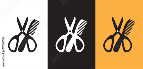 Scissor and comb icon set. Crossed scissors and combs vector icon set. Barbershop, salon, hairdresser, haircut, hairstylist symbol or signs collection. Vector stock illustration