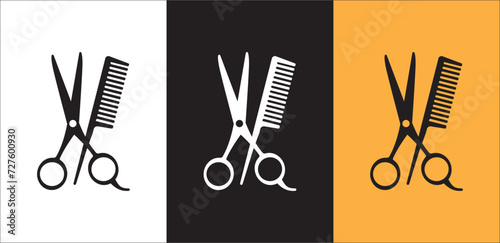 Scissor and comb icon set. Crossed scissors and combs vector icon set. Barbershop, salon, hairdresser, haircut, hairstylist symbol or signs collection. Vector stock illustration