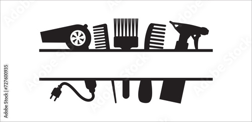 Barbershop utensils split banner. Hair salon split banner template. Hairstylist name sign vector. Great template for hairdresser name banner.