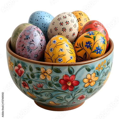 beautiful Easter eggs in keramic bowl on a white background photo