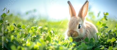 cute rabbit sits in a lucky clover field, easter background banner for marketing, sales and social media. Blue Sky with copy space.