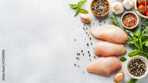 Raw chicken breasts with fresh herbs and spices, ready to cook