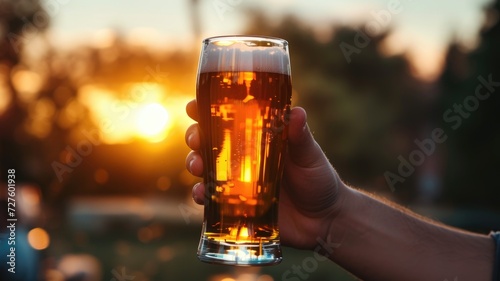Hand holding beer glass against sunset, social moment