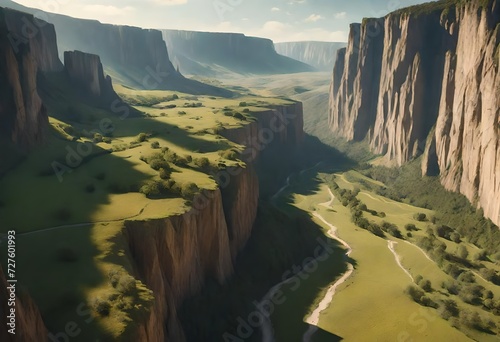 A valley surrounded by towering cliffs, where the play of light and shadow creates a dramatic and awe-inspiring landscape.