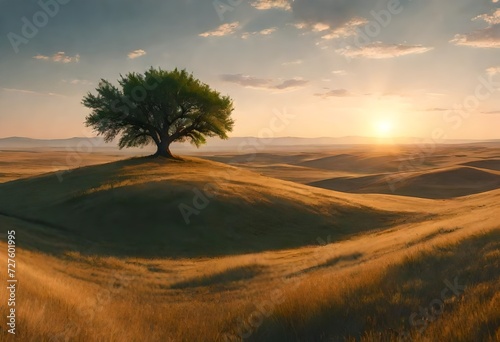 A steppe panorama featuring a lone tree on a hill  silhouetted against a breathtaking sunrise  casting long shadows on the grassy plains.