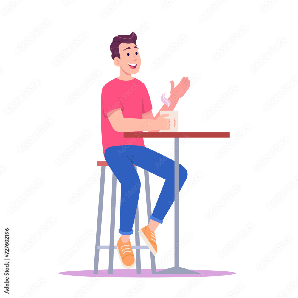 Fototapeta premium Young man sitting at the bar table and drinking coffee or tea and talking.
