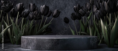 granite stone pedestal for product presentation with black tulips in front of a dark grey concrete wall, showcase for spring, cosmetic, healthy products. Template, layout for product advertising.  #727602191