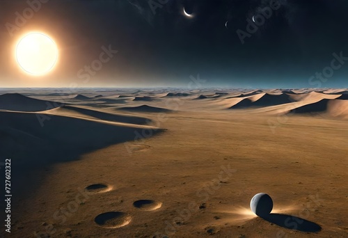 A steppe landscape during a solar eclipse, with the moon casting a shadow over the vast plains, creating a surreal and awe-inspiring celestial phenomenon.