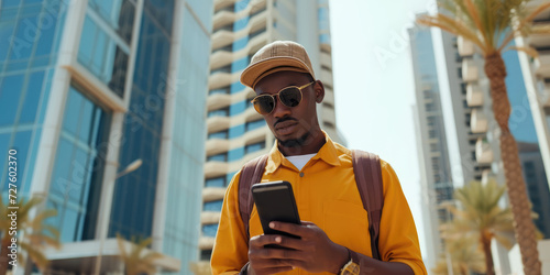 Young black or arab man using a smart phone mobile and online social media city banner