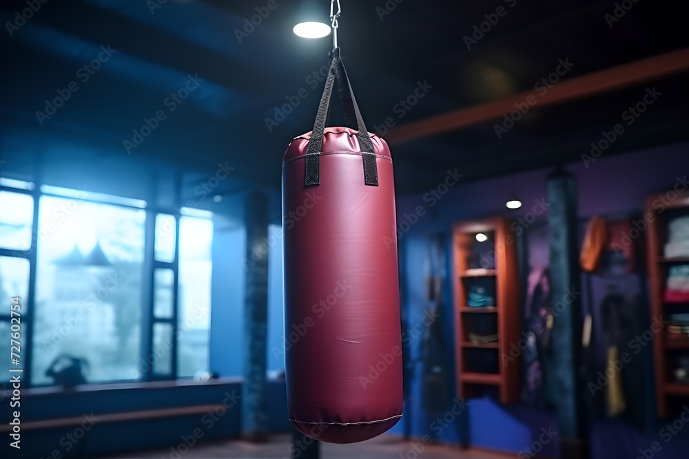 Red Boxing Bag Workout , Punching bag in clean gym, No individuals,fitness sport martial arts room interior, fitness equipment for a healthy, kickboxing, muay thai, active lifestyle, blur background 