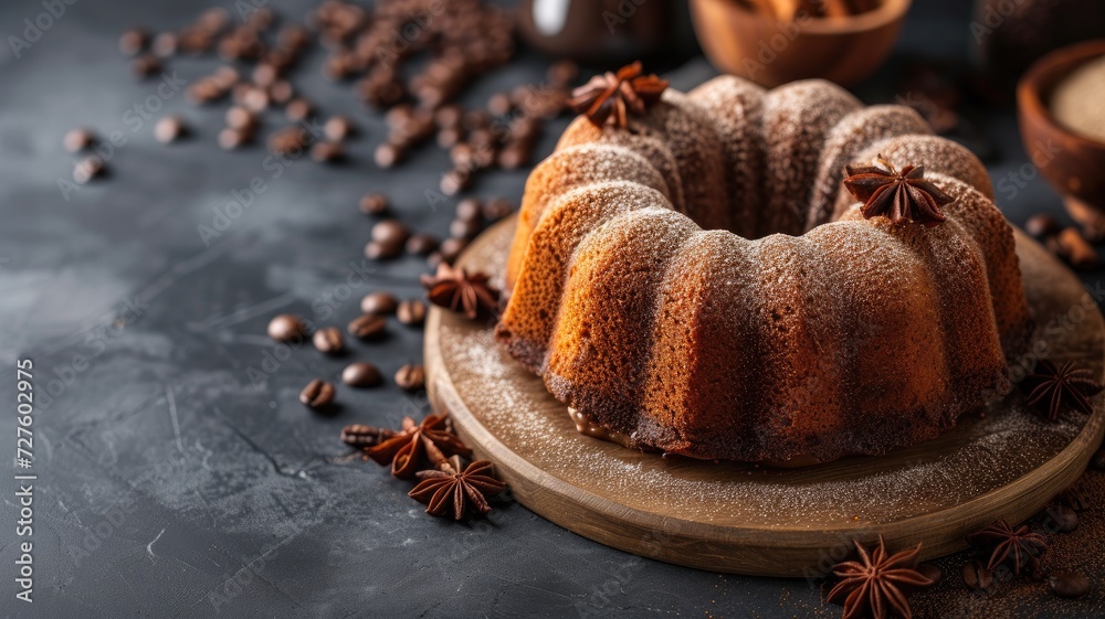 A delicious Bundt cake surrounded by coffee beans and anise stars A delicious Bundt cake surrounded by coffee beans and anise stars