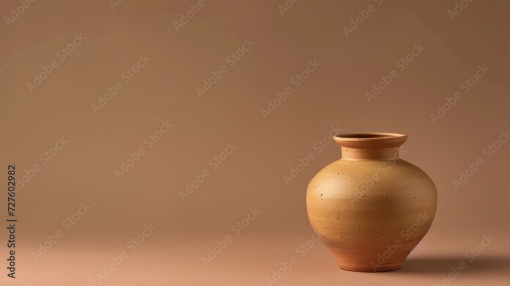 Single tan ceramic vase on a smooth beige backdrop