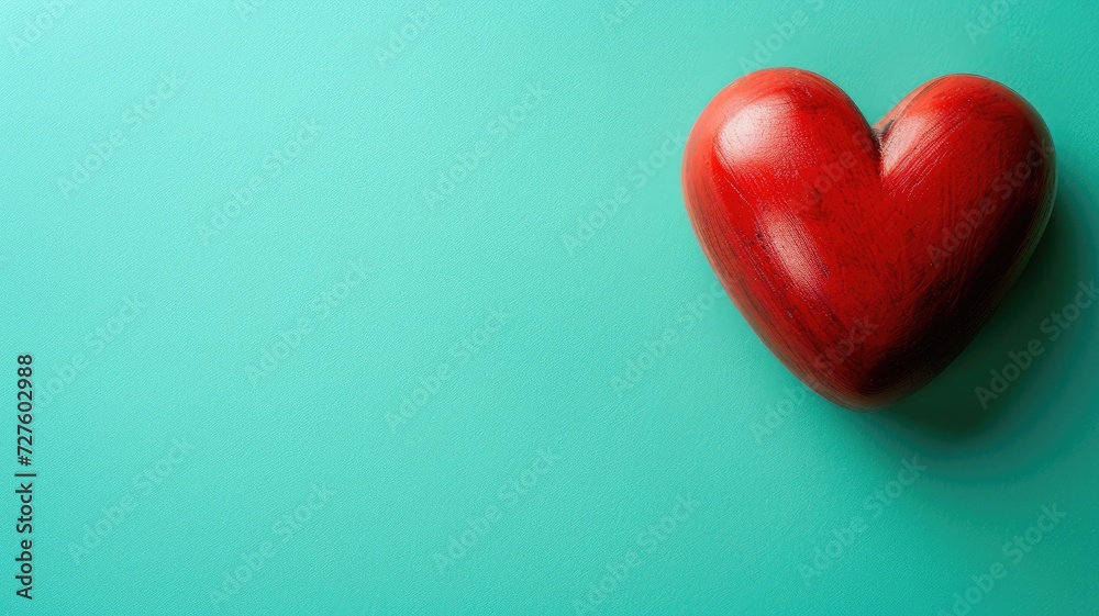 A glossy red heart centered on a vibrant teal backdrop
