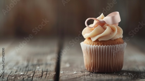 Elegant cupcake with cream frosting and pink ribbon on vintage wooden surface photo