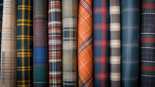 Assortment of tartan fabric rolls, colorful patterns.