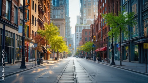 Quiet city street bathed in morning sunlight photo