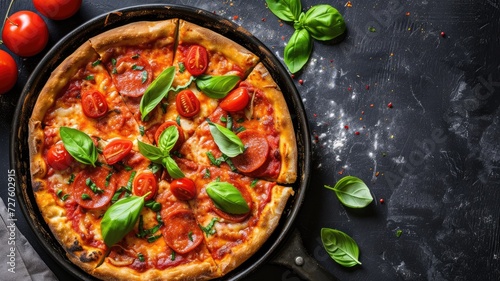 A pepperoni pizza with fresh basil and tomatoes on a dark background