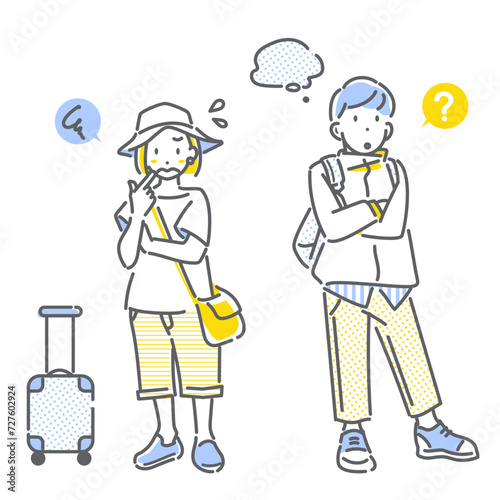旅行中にトラブルや疑問を抱える若い女性と男性　シンプルでお洒落な線画イラスト