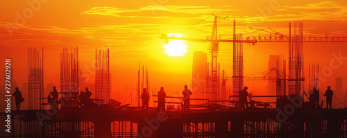 Sunset Silhouettes on Construction Site.
Workers outlined against a fiery sunset on a high-rise build.