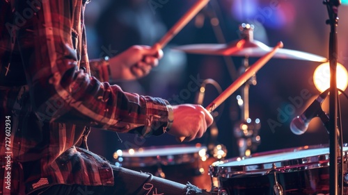 Close-up of a drummer playing drums intensely on stage