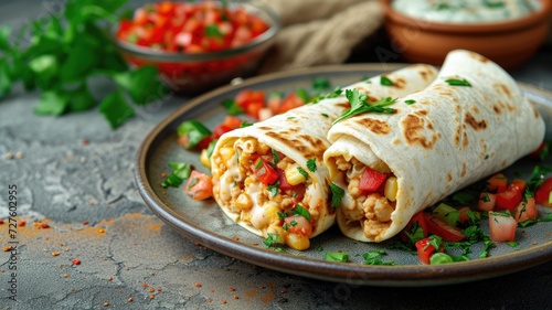 Two stuffed burritos with fresh salsa on a rustic plate