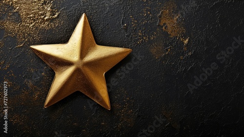A single gold star with a rough texture on a black background with gold dust