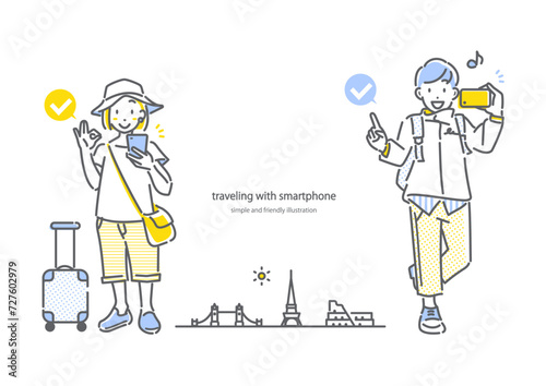 海外旅行中も快適にスマホを使う若い女性と男性　シンプルでお洒落な線画イラスト