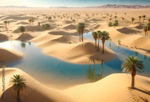 A steppe landscape transformed into an otherworldly desert oasis, featuring palm trees, golden sand dunes, and a pristine oasis reflecting the azure sky.