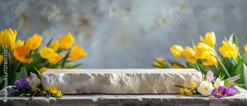 product podium with spring flowers, natural stone dais in front of a concrete wall and with yellow tulips around. Template, layout for product advertising.  