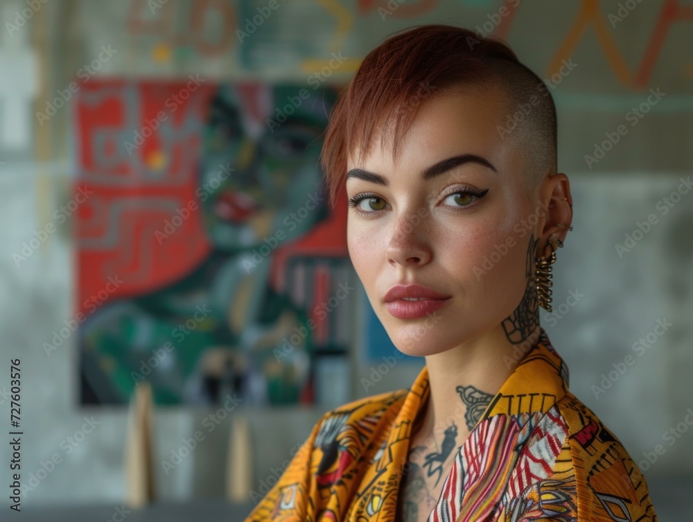 A confident and rebellious woman with tattoos and a colorful shirt. Generative AI.