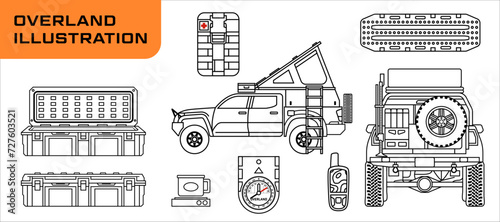 Set of outdoor overland equipment illustrations.