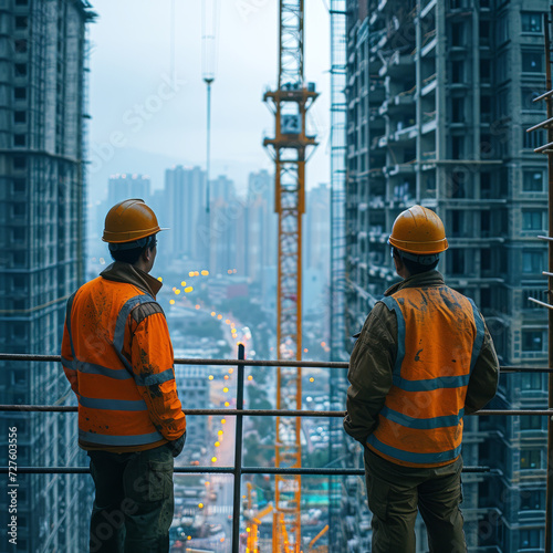 Construction Workers Overlooking Cityscape. Two construction workers in reflective vests looking over a cityscape.