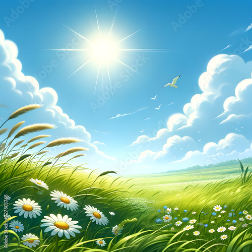 a serene and picturesque landscape scene. It features a bright, sunny sky with radiant beams of sunlight and fluffy white clouds