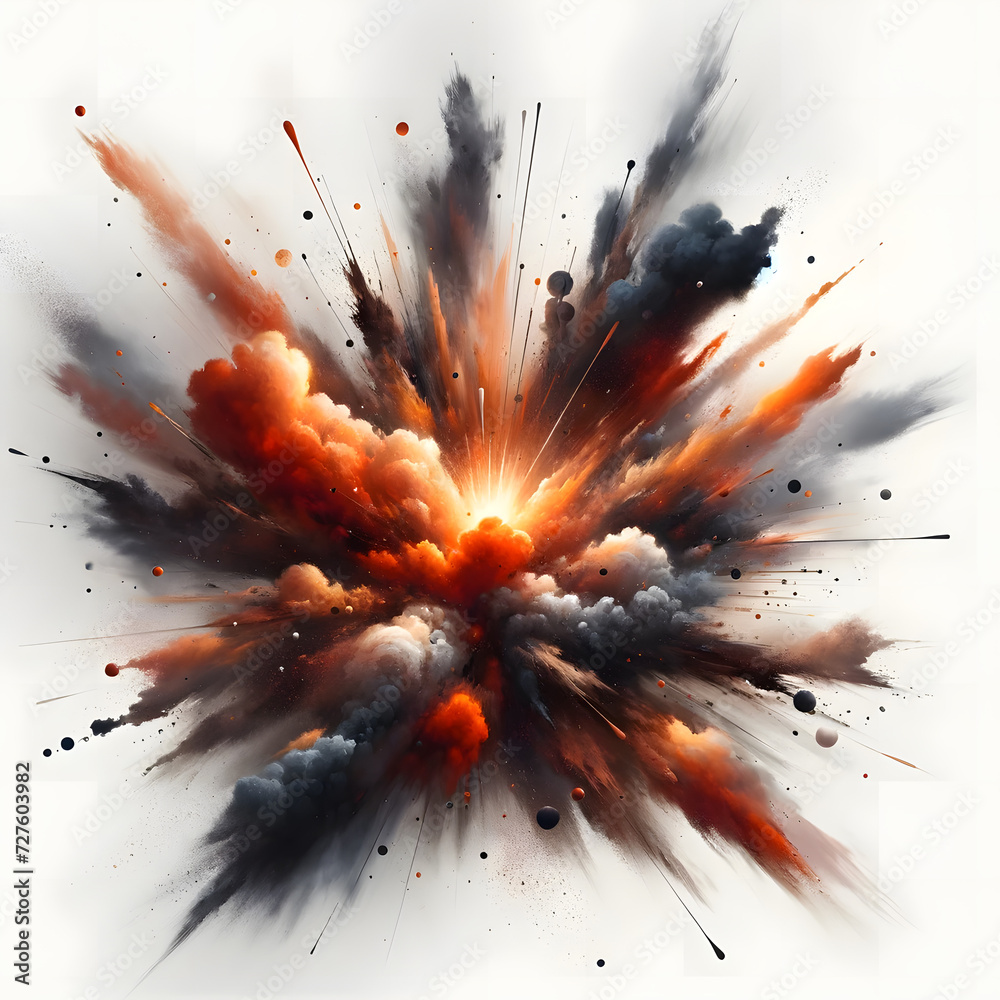 a vivid and intense explosion with a bright central core, which fades into oranges, reds, and eventually dark smoky grays and blacks towards the outer edges - obrazy, fototapety, plakaty 