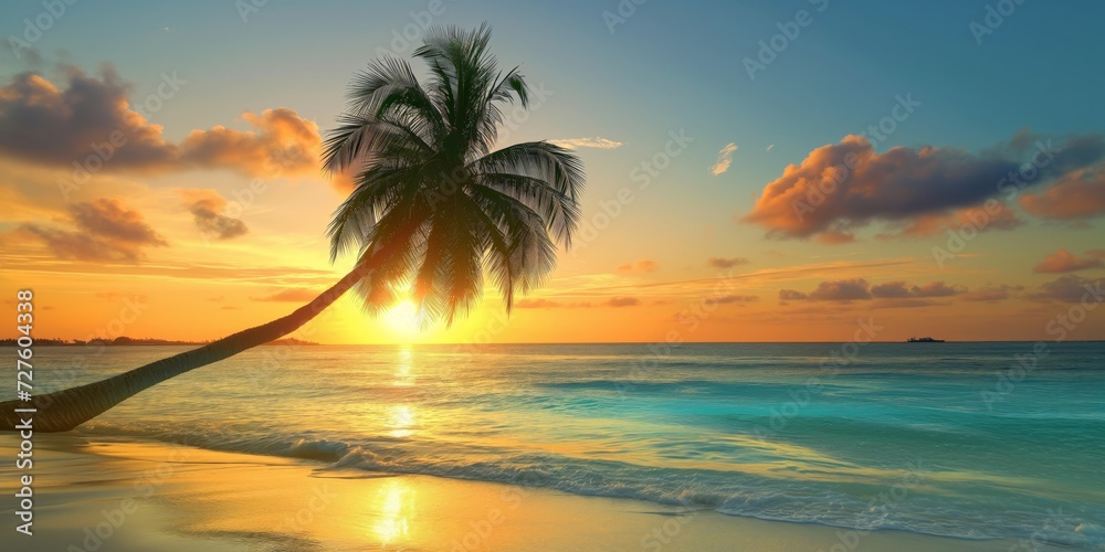 Tropical Sunset with palm tree an a tranquil beach
