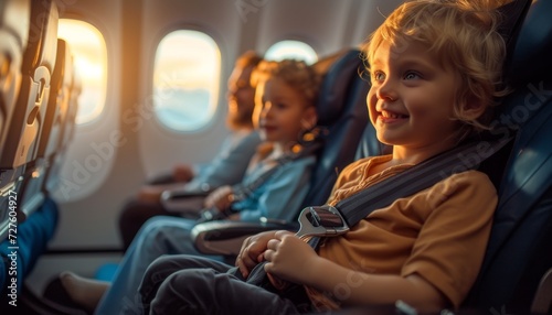 little kid sitting in an airplane seat going on vacation photo