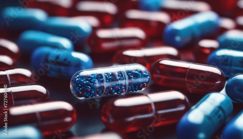 Abstract, close-up view of various capsules, prominently featuring a clear capsule filled with blue pellets among red and blue pills. photo