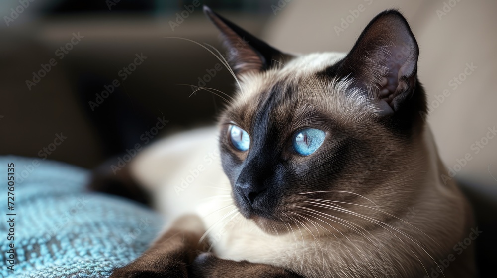 A captivating blue-eyed Siamese cat lounges with a pensive gaze