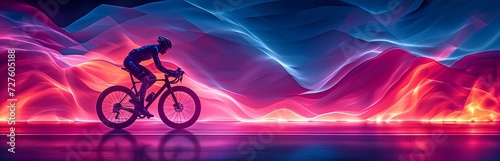 A cyclist is seen riding a bicycle against a gradient purple-blue background that features neon polygonal and flowing components. photo