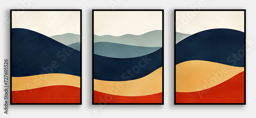 Three abstract paintings of mountains and hills in blue, yellow, and red colors © bacsica