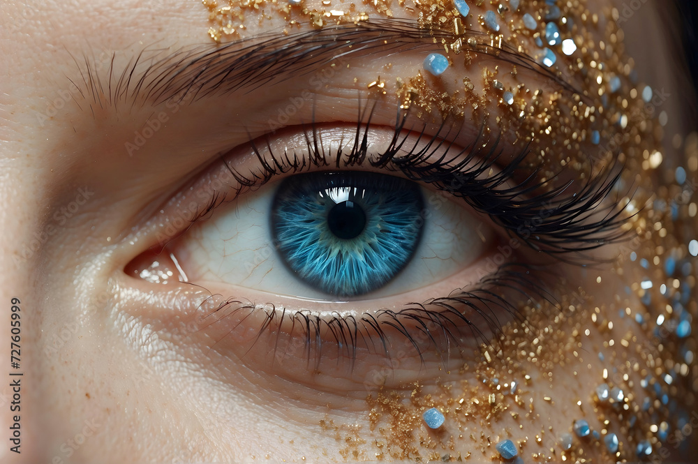 Stunning Close Up of a Beautiful Blue Eye Surrounded By Colorful Glitter Accents