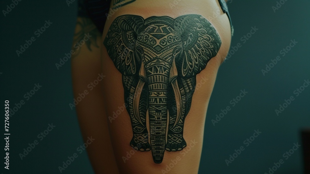 A geometrically patterned elephant tattooed on the thigh, with each shape and line forming a unique and modern interpretation of this majestic creature.