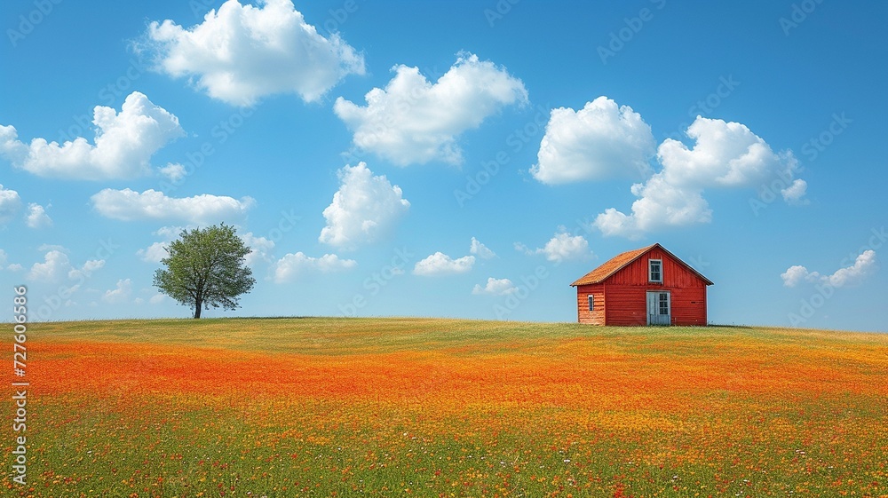 shabby, lone wooden cottage on a summer hill covered in lush grass beneath a gorgeous cumulus cloud sky