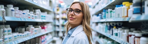 Woman in a lab coat standing in front of shelves