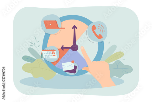 Hand pointing at clock with time schedule. Vector illustration. Call, computer, calendar and emails icons. Occupation, part-time work, multiple jobs concept