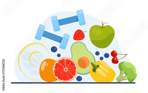 Vegetables and fruit, tape measure, dumbbells vector illustration. Symbol of keeping low-carb and plant-based diets and losing weight. Diet, weight loss, healthy food, fitness concept 