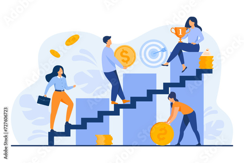 People climbing ladder of success to reach personal goals. Some people achieving success, others failing. Money, target, gold cup. Personal growth, setting goals, failures concept