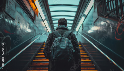 Man with Backpack Ascending Staircase in Urban Subway Station © Castle Studio