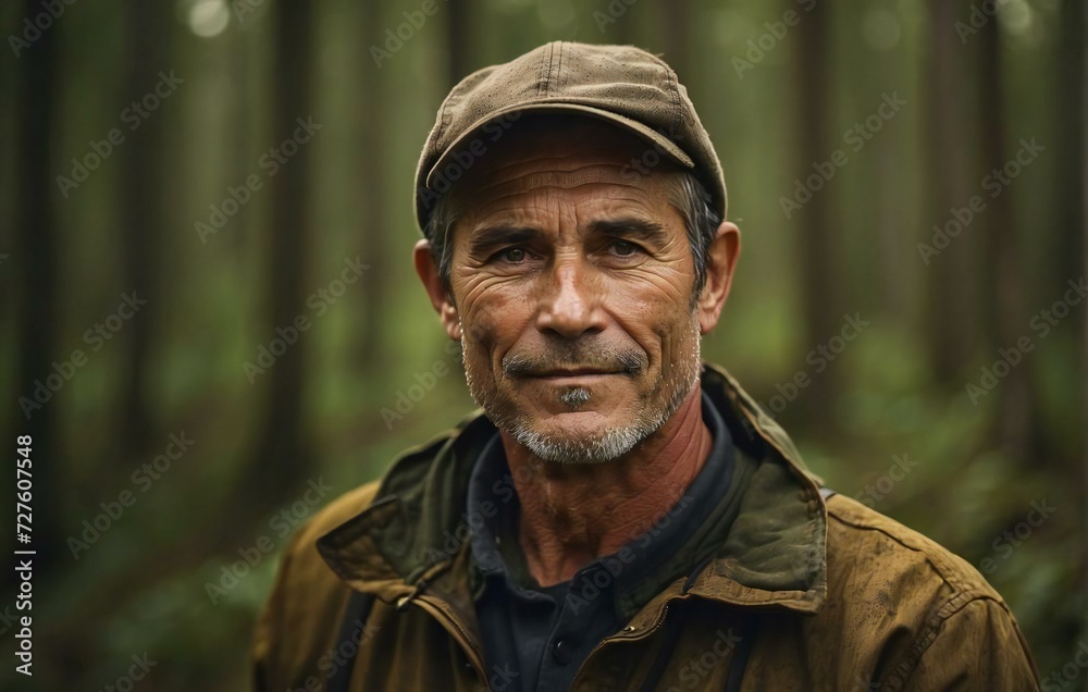 Portrait of a farmer with a forest background. Generative Ai